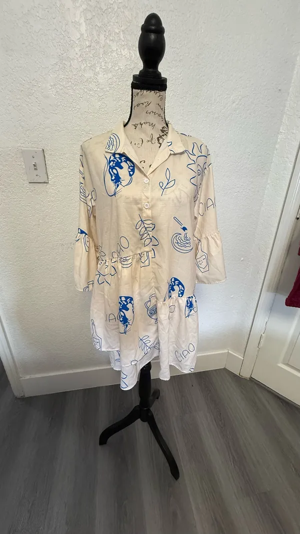 Commence "Ciao" Graphic Print Mini Dress - XS - Bell Sleeve & Tiered Hem - Image 9
