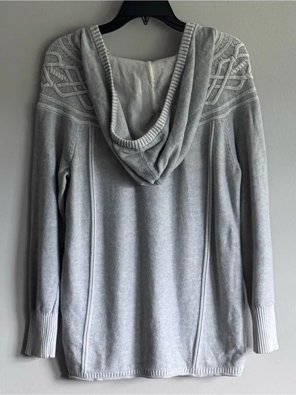 Eddie Bauer Women’s Light Gray V-Neck Pullover Hooded Sweater Size Large - Image 2