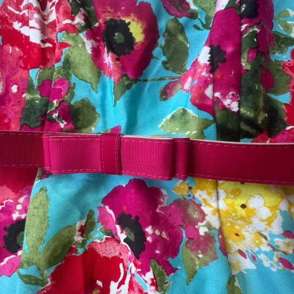 Chetta B‎ Floral Turquoise Fit Flare Dress Size 6 Pink Belted Sleeveless Garden - Image 4