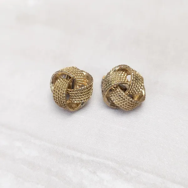 Vintage Clip On Earrings Gold Tone Patterned Knot Design - Fair Condition - Image 2