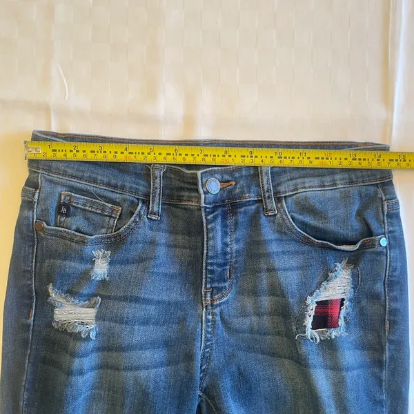 Judy Blue Size 9/29 Buffalo Plaid Patch Skinny Blue Ripped Denim Jeans JB8268DK - Image 11