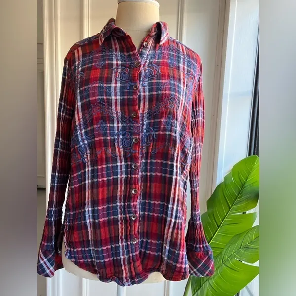 Free People XS Plaid Embroidered Button-Up Shirt Red/Blue Long Sleeve Cotton - Image 3