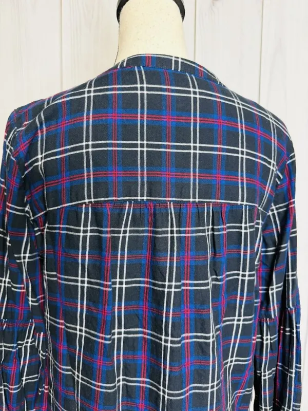 Ann Taylor Loft Plaid Tunic Blouse Women's Sz M V-Neck Black Blue Red - Image 8