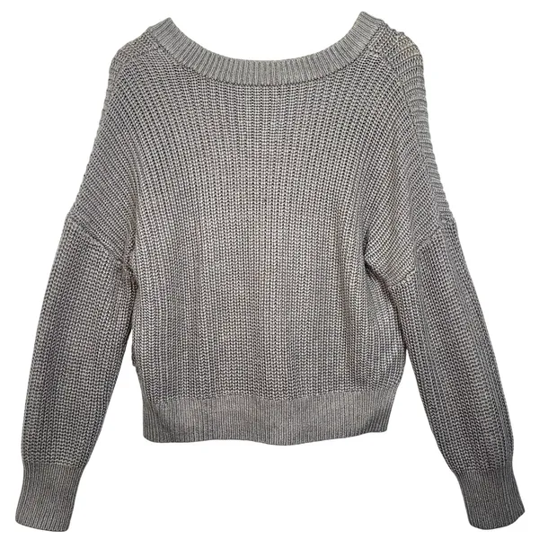 Abercrombie & Fitch Gray Chunky Knit Long Sleeve Cropped V-Neck Sweater Size S - Image 3
