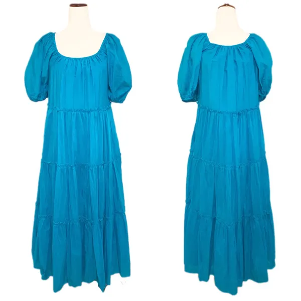 ANTONIO MELANI Puff Sleeve Midi Dress Small Turquoise‎ Blue Tiered Silk Cotton - Image 3