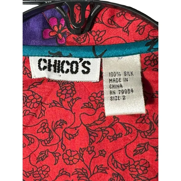 Vintage 100% Silk Patchwork Chicos Jacket Large (2) Pockets‎ Boho Rainbow #A4-1 - Image 2