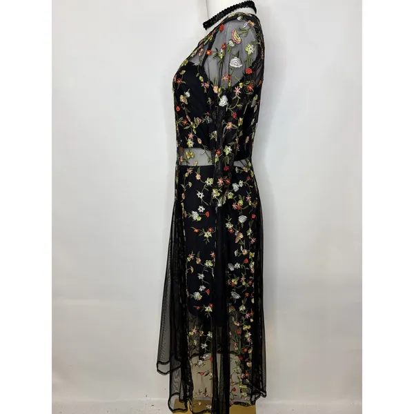 Lucy Paris Black Floral Embroidered Mesh Dress Sheer Overlay Romantic Size S - Image 4