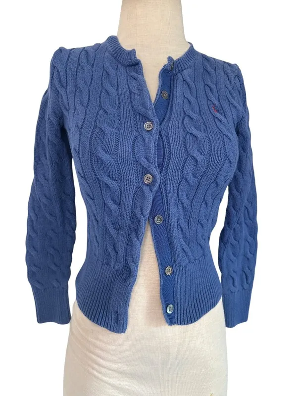 Polo Ralph Lauren Cable Knit Long Sleeve Cardigan in Charter Blue XSmall Womens - Image 5