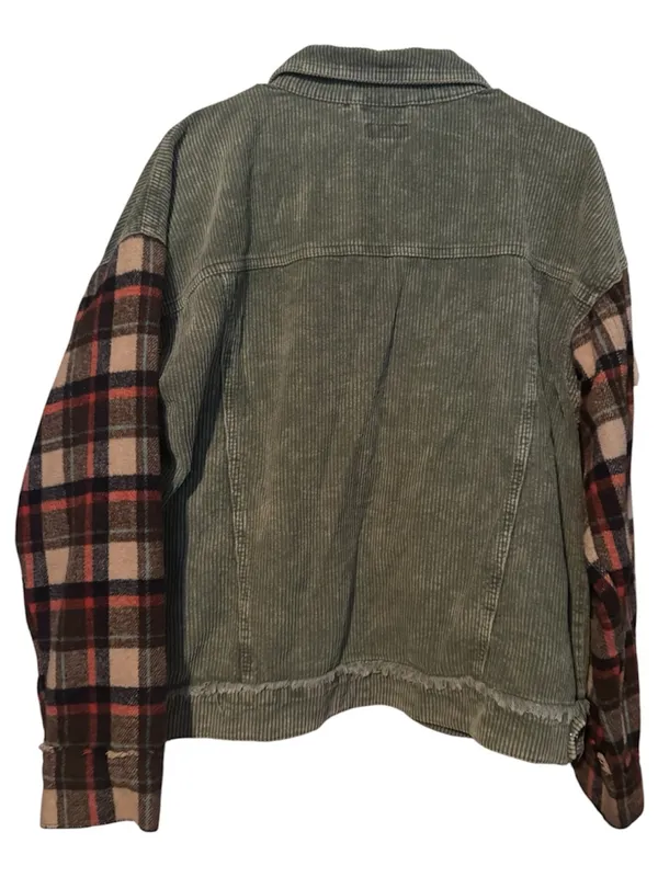 Easel Plaid Panel Contrast Corduroy Trucker Jacket Sage Green Medium - Image 7