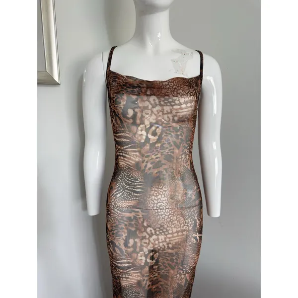 Pretty Little Thing Maxi Dress Cover Up Mesh Brown Leopard Print Size 2 Spaghetti Strap Summer Dress - Image 3