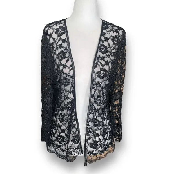 Vintage Laurence Kazar Black Beaded Lace Sheer Open Front Evening Jacket Romance - Image 4