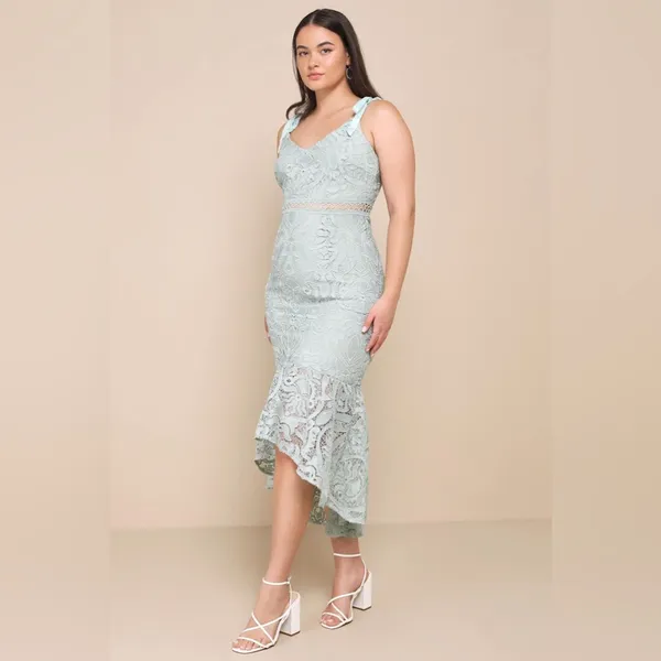 LULU’S Won Your Heart Sage Green Lace Tie-Strap High-Low Midi Dress - Image 3