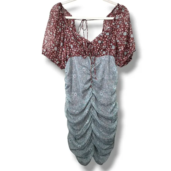 Free People x REVOLVE Storm Combo Tessa Ruched Blouson Sleeves Mini Dress Medium - Image 5