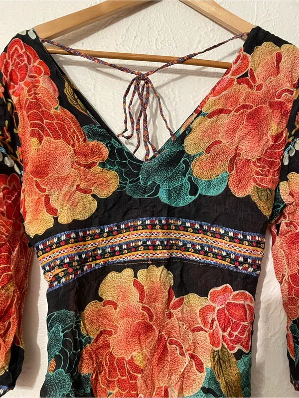 FARM Rio Rosario Black Floral Print Teal Patterned Midi Dress XS - Image 7