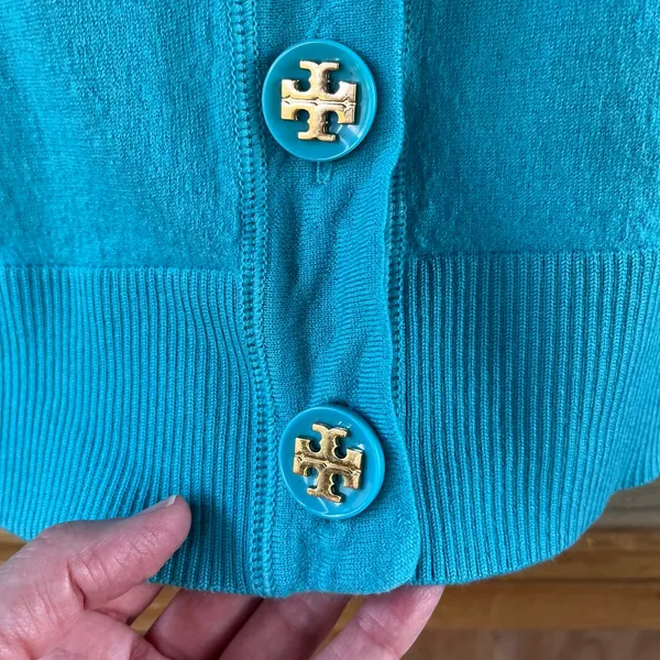 Tory Burch Women's Simone Cardigan Turquoise Logo Button Size M - Image 3