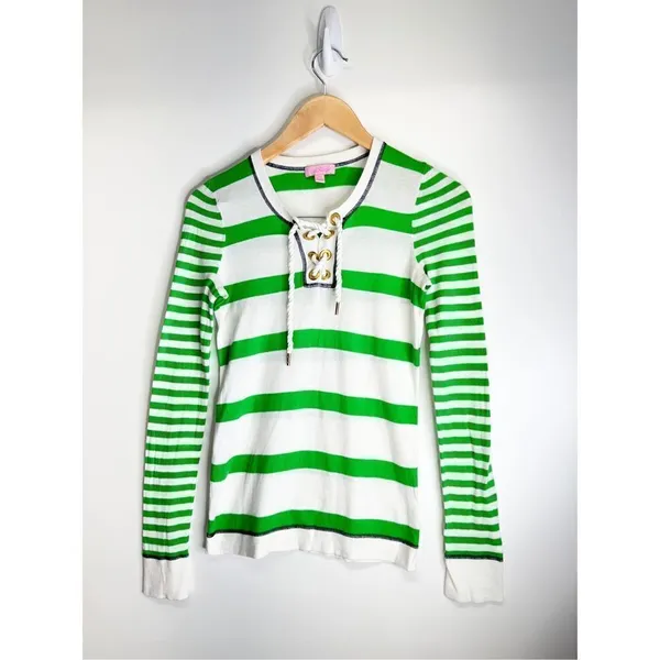 Lilly Pulitzer Shirt Womens Size Small Green White Striped Long‎ Sleeve Pullover - Image 2