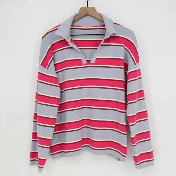 Pink Blue Striped Long Sleeve Knit Polo Sweater V-Neck Collar Size L - Image 2