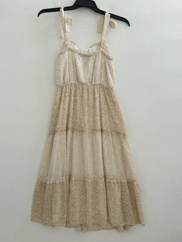 NEW Sincerely Jules floral tiered midi dress Tan cream cottagecore peasant LARGE - Image 4