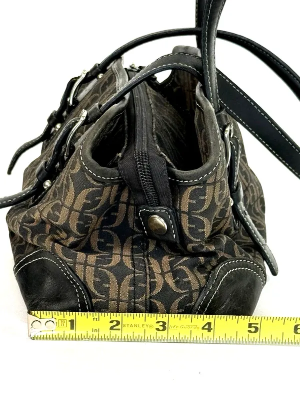 Fossil Brown Black Monogram Jacquard Leather Satchel Bag Y2K - Image 12