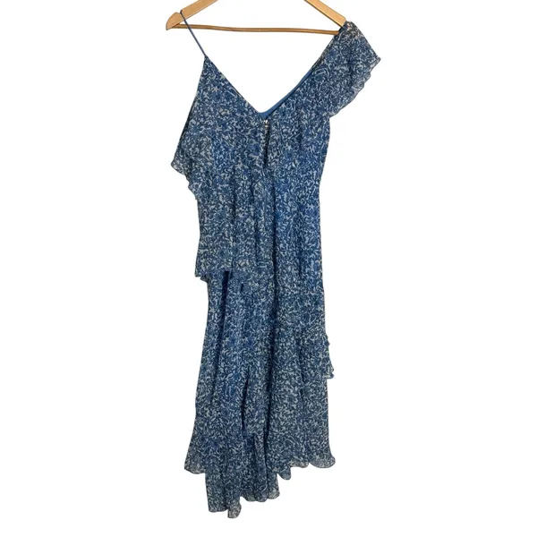 Alice + Olivia Olympia Blue Floral Print Silk Ruffled Asymmetric Midi Dress 2 - Image 10