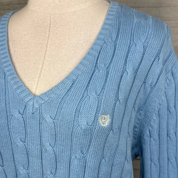 CHAPS Women's Light Blue V Neck 100% Cotton Cable Knit Sweater-Large - Image 3