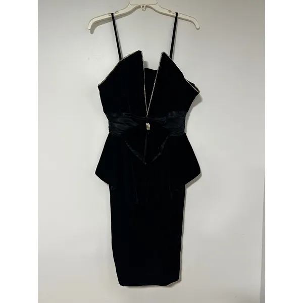 Vintage Night Way Black Velvet Peplum Dress Rhinestone Bow Halter 80s Glam 12 - Image 9