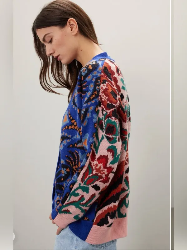 Farm Rio Toucans Scarf Mixed Prints Knit Long Sleeve Cardigan Size Small - Image 2