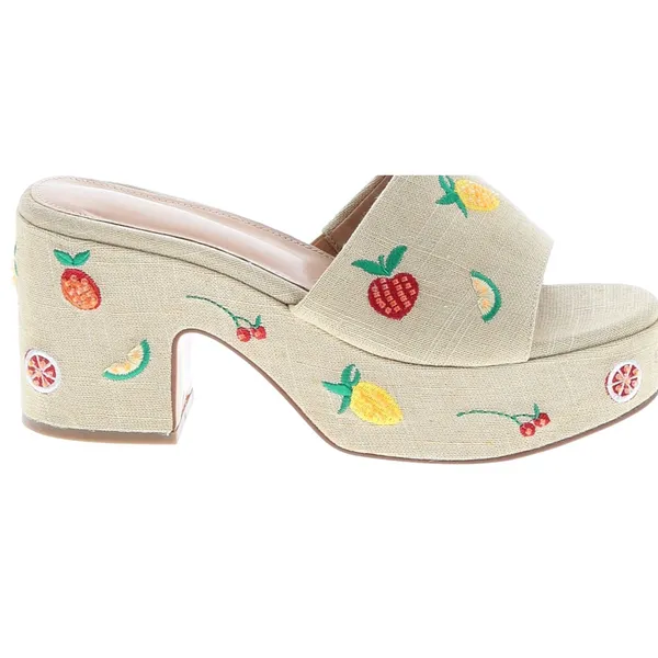Beige Linen Fruit Embroidered Platform Mule Sandals Chunky Block Heel Y2K 11 - Image 3