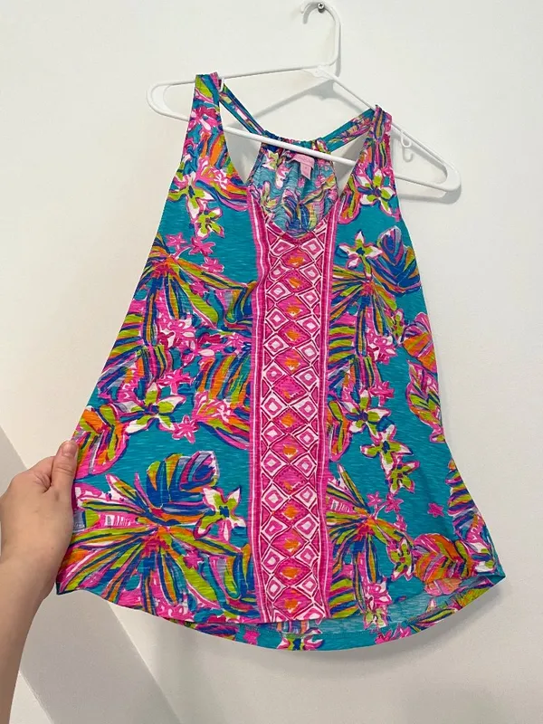 LILLY PULITZER Minka Trapeze Tank Top Sea Blue Summer Haze Pink Tropical Floral - Image 9