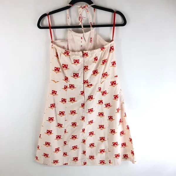Tulle Dress A Line Halter Pockets Floral Geometric Retro Mod Ivory Red XS - Image 2