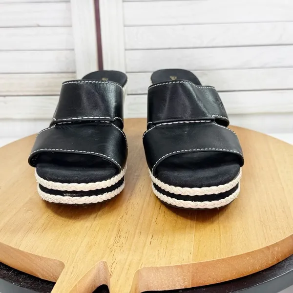 Tommy Bahama Kamala Wedge‎ Heel Leather Slide Sandals Black White 9 - Image 2