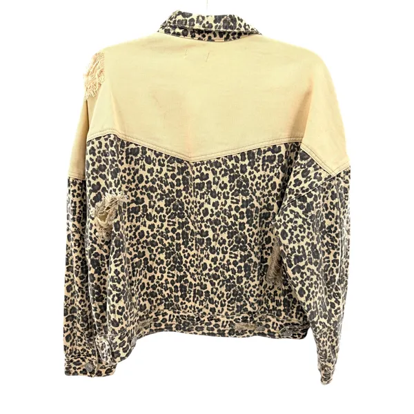 POL Leopard Print Distressed Denim‎ Jacket Tan Colorblock Oversized S Western - Image 9