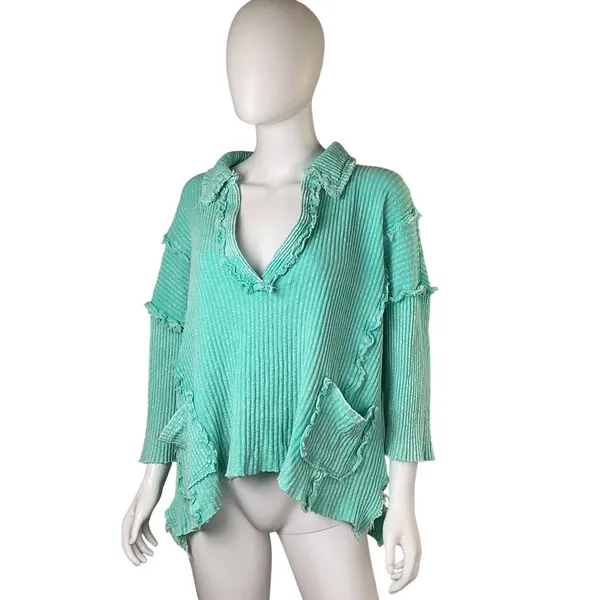 Easel Los Angeles‎ Ribbed Collared Neck Pullover Top Mint Green Size M - Image 4