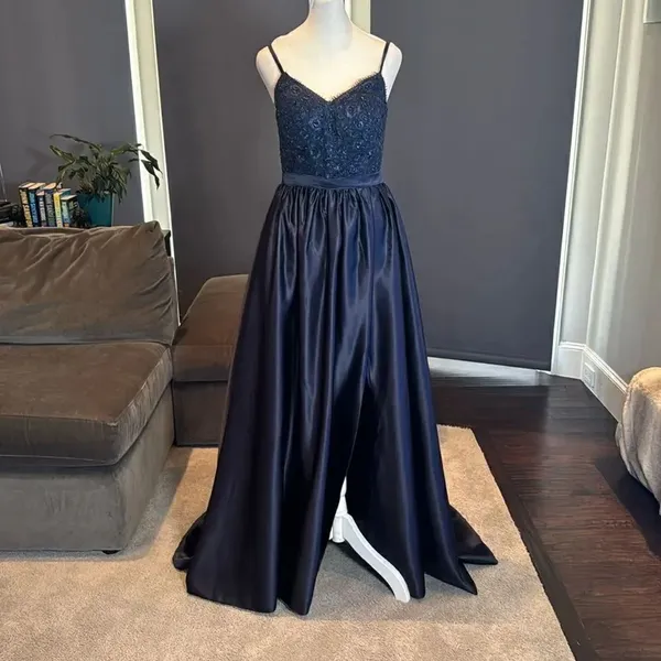 Women’s Blue Full Length Satin Lace Appliqué Party Prom Formal Dress Size 2 NWOT - Image 3