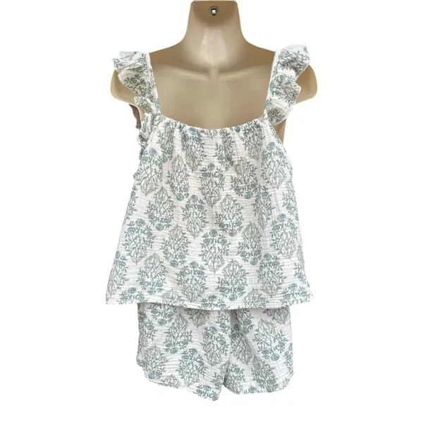 Rachel Zoe Floral Pajama Set 2 Pc Cotton Shorts Top Blue Green floral White M - Image 3