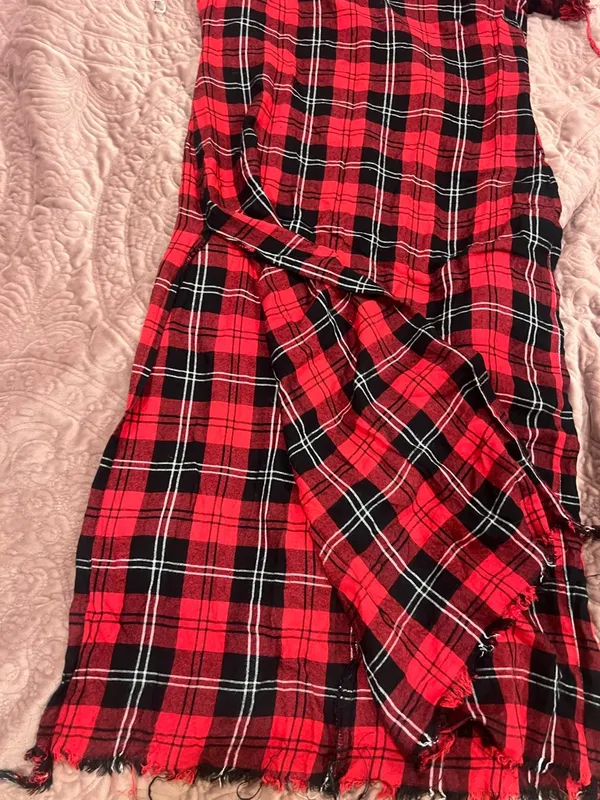 Red and Black Plaid Midi Dress with Frayed Edges - Image 2