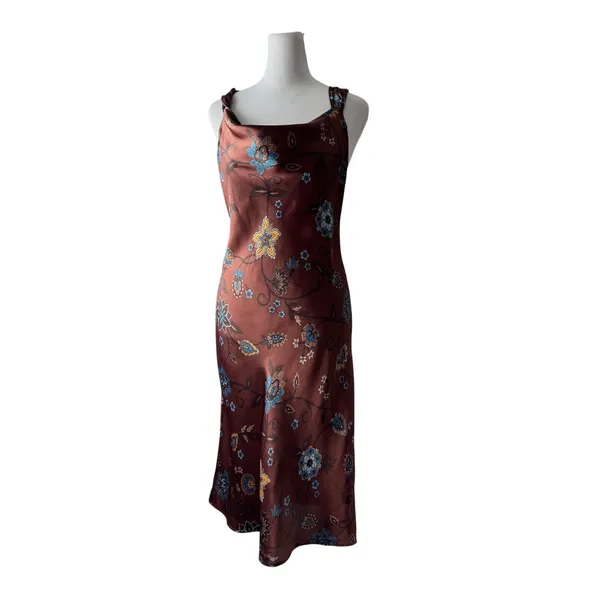 Vintage Y2K Faith Love Passion Brown Floral Cowl Neck Sleeveless Midi Dress - Image 3