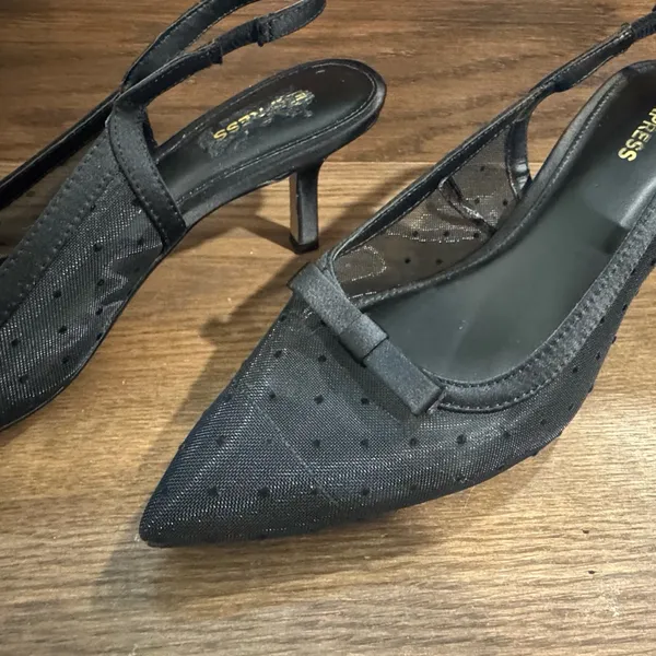 Express Black Pointed Toe mesh dot Slingback Heels with Bow Accent 8 - Image 3