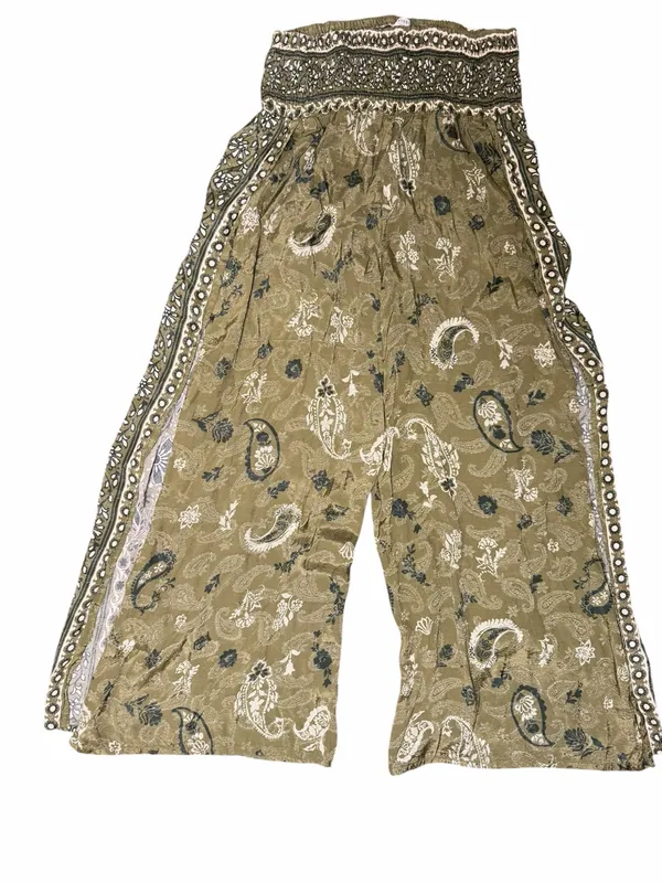 Earthbound Olive Paisley Split Leg Palazzo Pants Boho Festival Medium Hippie - Image 3