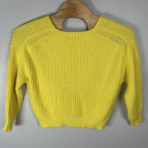 Anthropologie Maeve Yellow Chunky Knit Sweater Sz Medium Cotton Wool Blend Vneck - Image 3