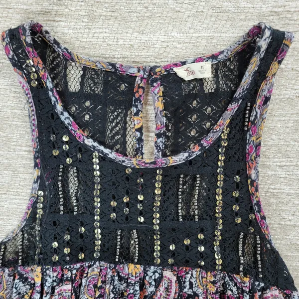Hollister Babydoll Tank Dress XS Black Paisley Lace Sequin Beaded Swing Boho - Image 5