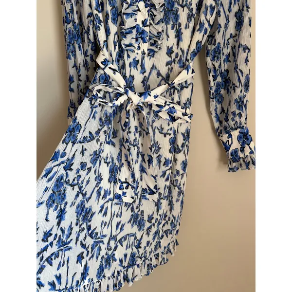 Tory Burch Shirt Dress Belted Sz 0 Blue White Floral Pleated Ruffle High Neck - Image 3