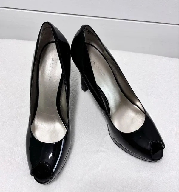 Nine West Black Peep Toe Heels Patent Upper Leather Open Toe Heels Pumps Size 9M - Image 7