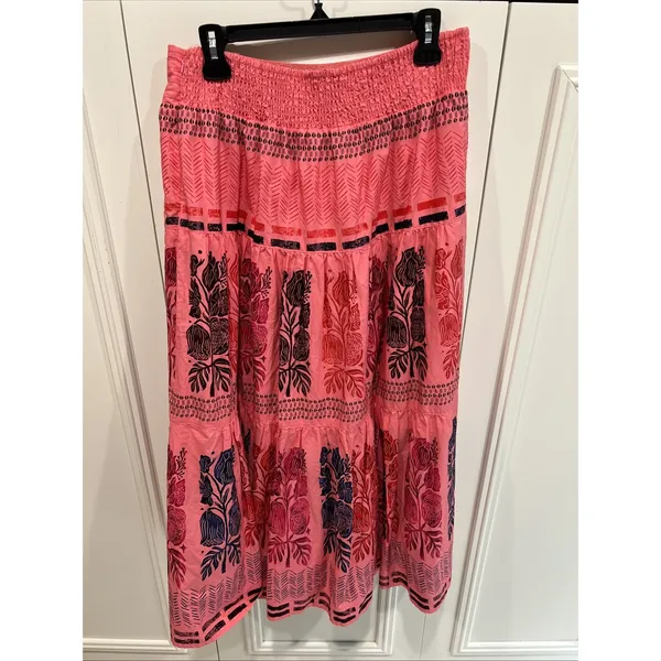 Bloomingprint Anthropologie Pink Floral Block Print Tiered Midi Skirt Boho - Image 4