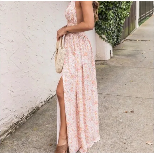 Pink‎ Lily Women's Small Floral Halter Neck Maxi Dress Backless Summer Boho - Image 3