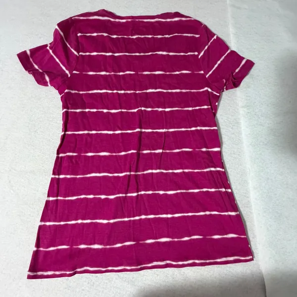 Croft & Barrow Womens Magenta Pink White Striped Tie Dye V-Neck Cotton Tee M - Image 3
