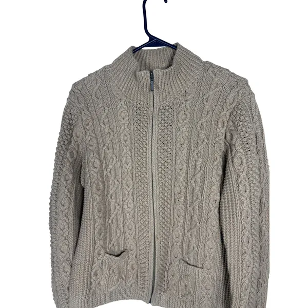 Lands End Womens M 10-12 Tan Cable Knit Cotton Full Zip Cardigan Sweater - Image 2