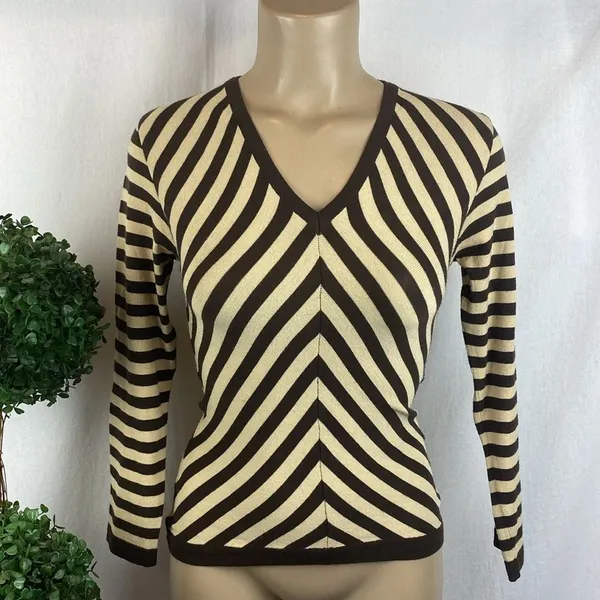 Rene Lezard Brown & Tan Chevron Striped V Neck Long Sleeve Knit Shirt Top XS - Image 2