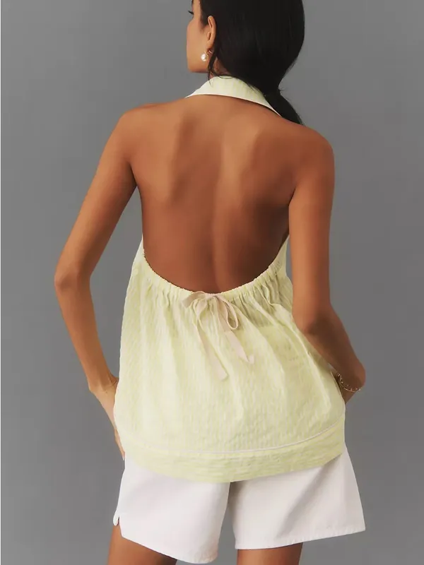 Anthropologie Button-Front Halter Swing Blouse yellow white stripe‎ halter top - Image 3
