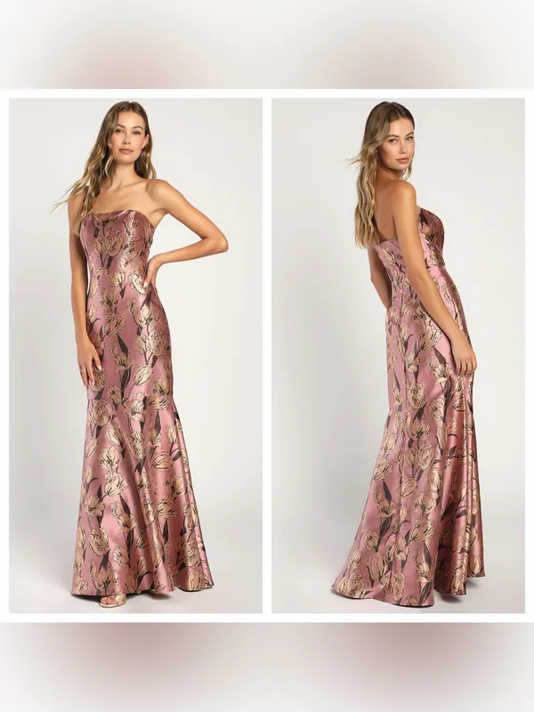 Lulu's Gowning Around Mauve Floral Jacquard Strapless Maxi Dress - Image 2